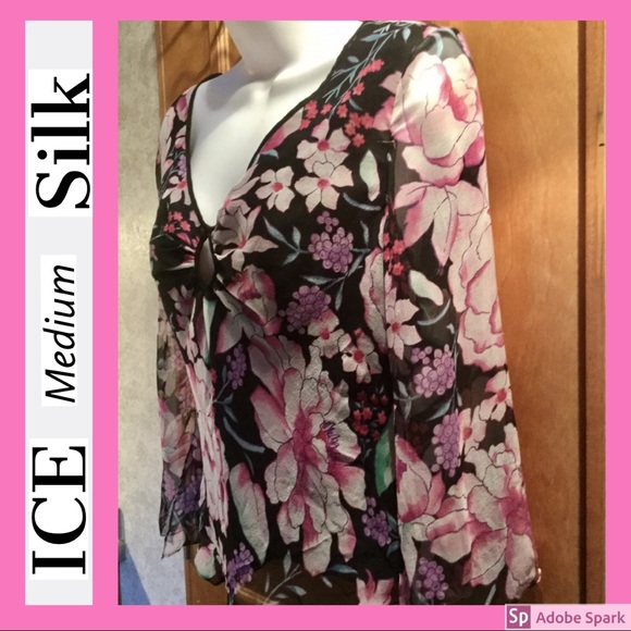NWT❣️ Gorgeous Silk Floral V Neck Keyhole Side Zip Fitted Top ICE Pink Black - Picture 3 of 9